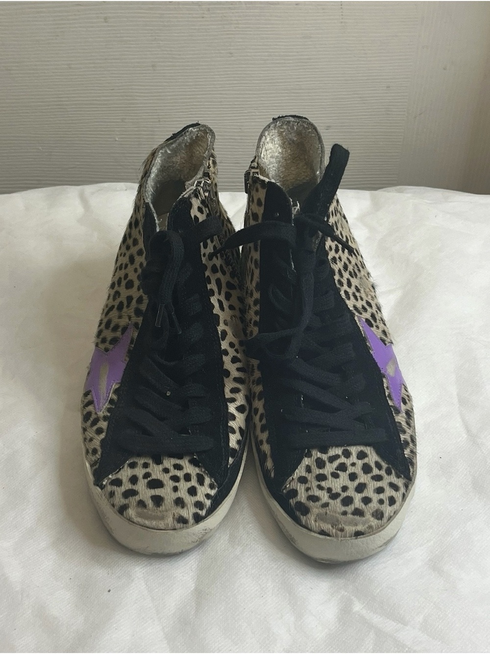 Golden Goose Leopard Print High-Top Sneakers with Purple Star,pre-owned,SZ35